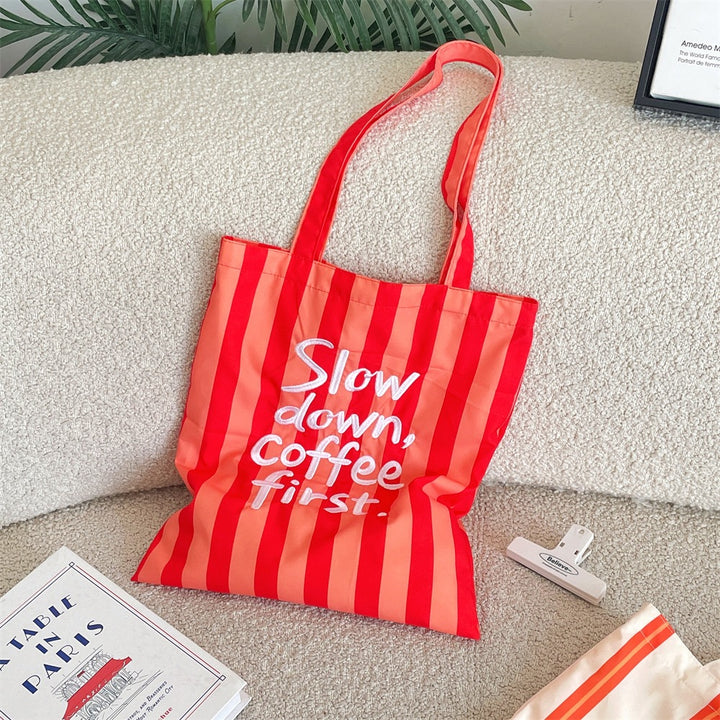 Slow Down, Coffee First Striped Tote Bag