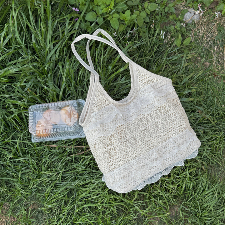 Lace Ruffle Crochet Shoulder Tote Bag