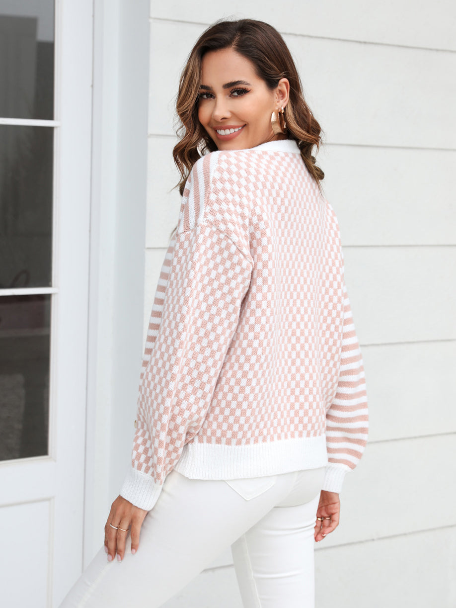Mixed Pattern Button Front Cardigan