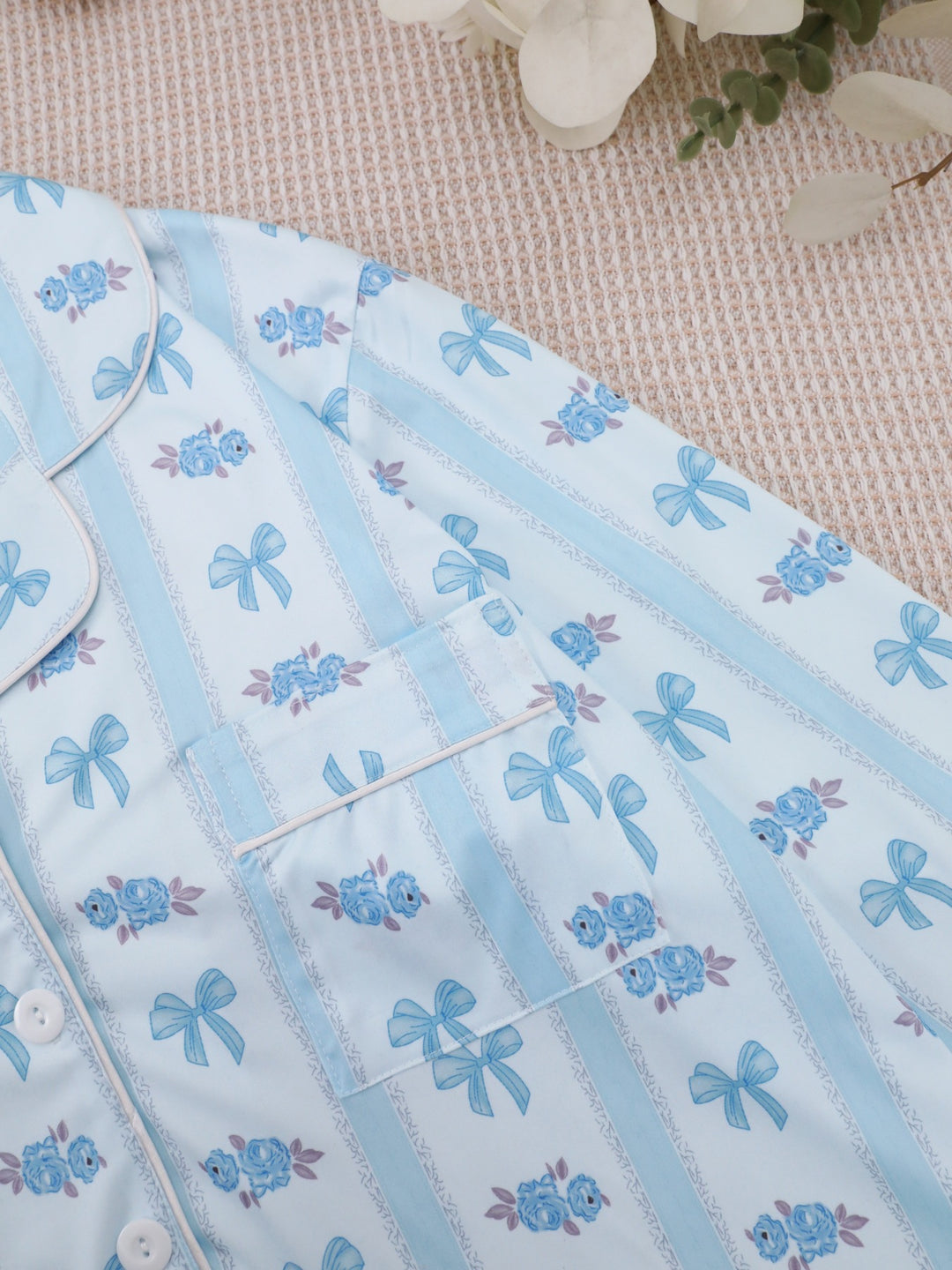 Blue Bow Floral Long Sleeve Pajama Set