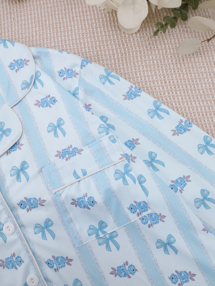 Blue Bow Floral Long Sleeve Pajama Set