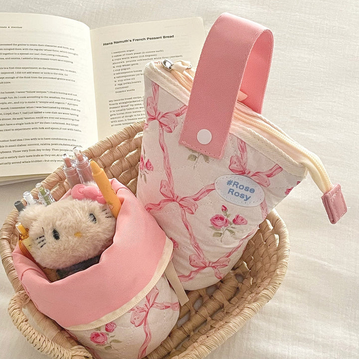 Quilted Bow Floral Fold Down Pencil Bag