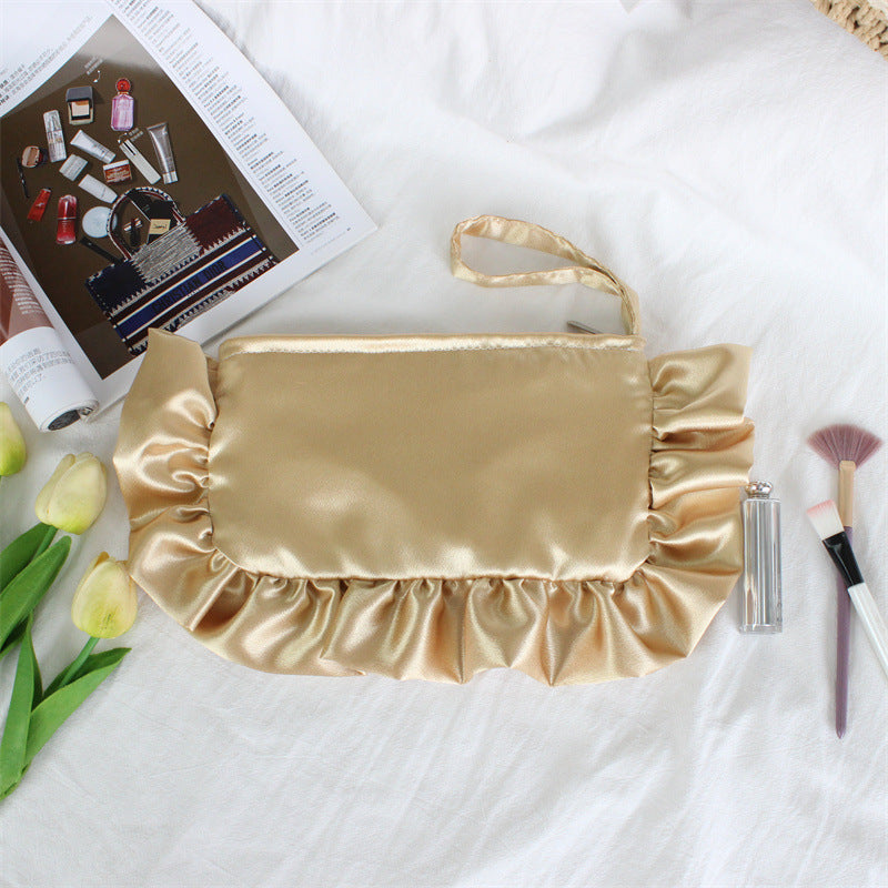 Ruffle Satin Wristlet Cosmetic Pouch