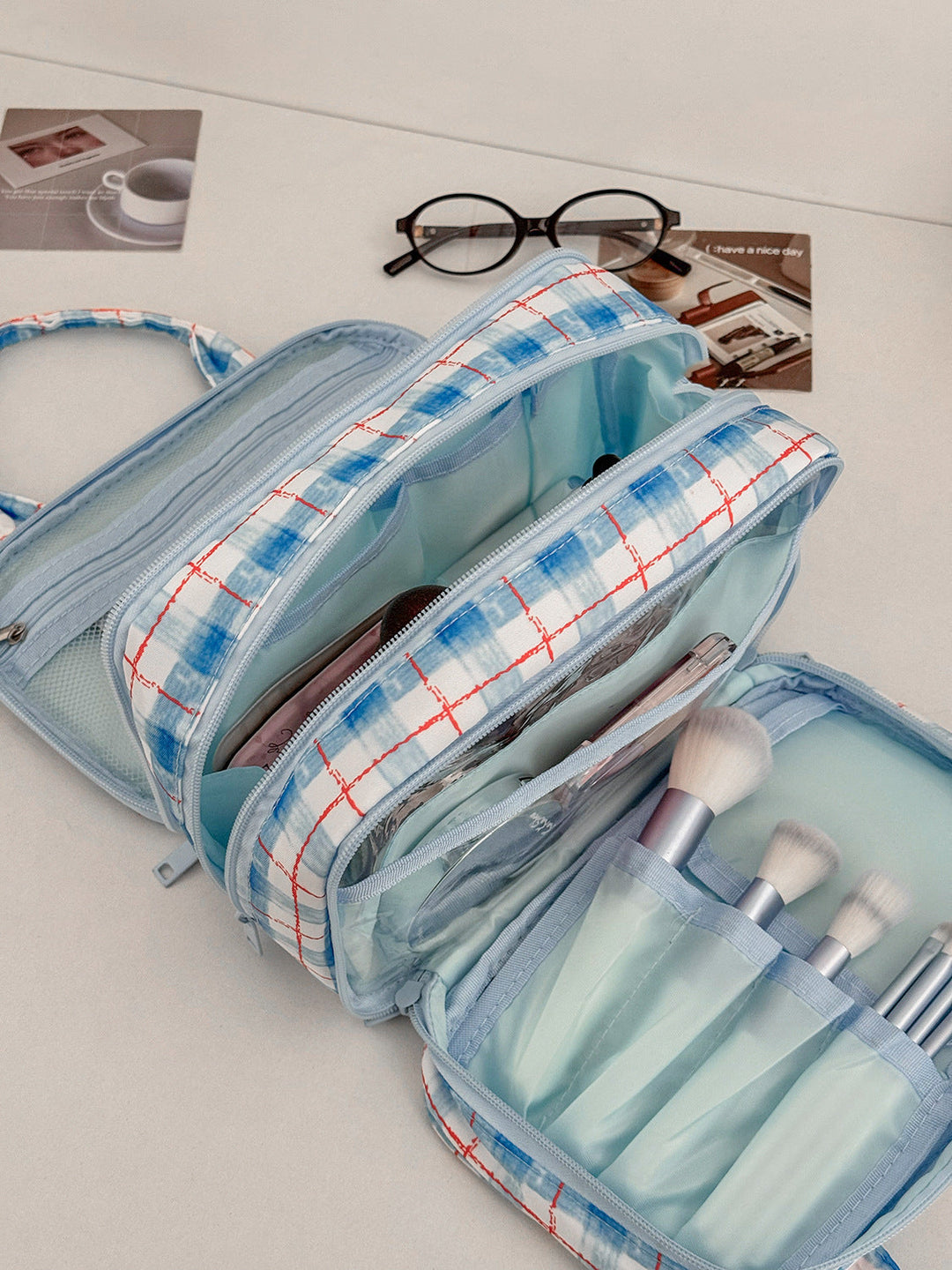 Coquette Plaid Multi-Compartment Cosmetic Travel Bag