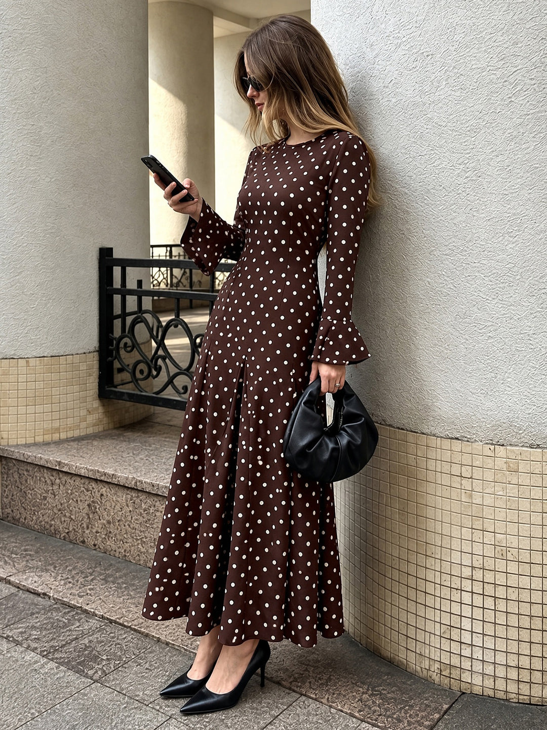 Chocolate Polka Dot Flare Sleeve Maxi Dress