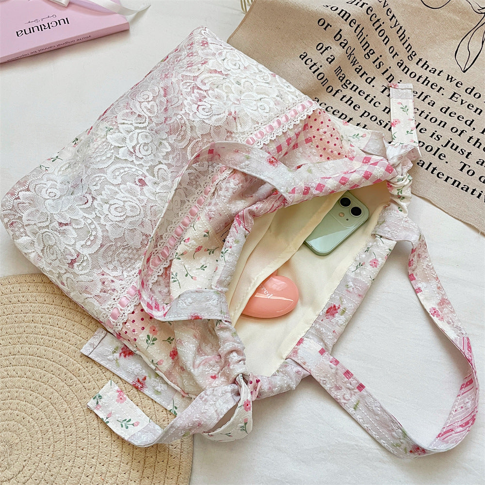 Coquette Lace Patchwork Print Drawstring Tote Bag