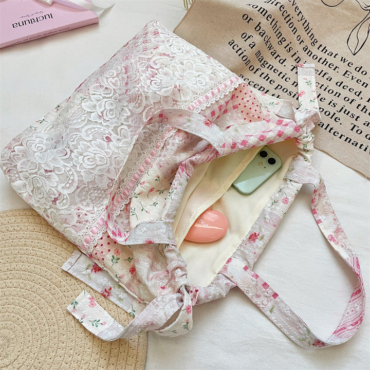 Coquette Lace Patchwork Print Drawstring Tote Bag