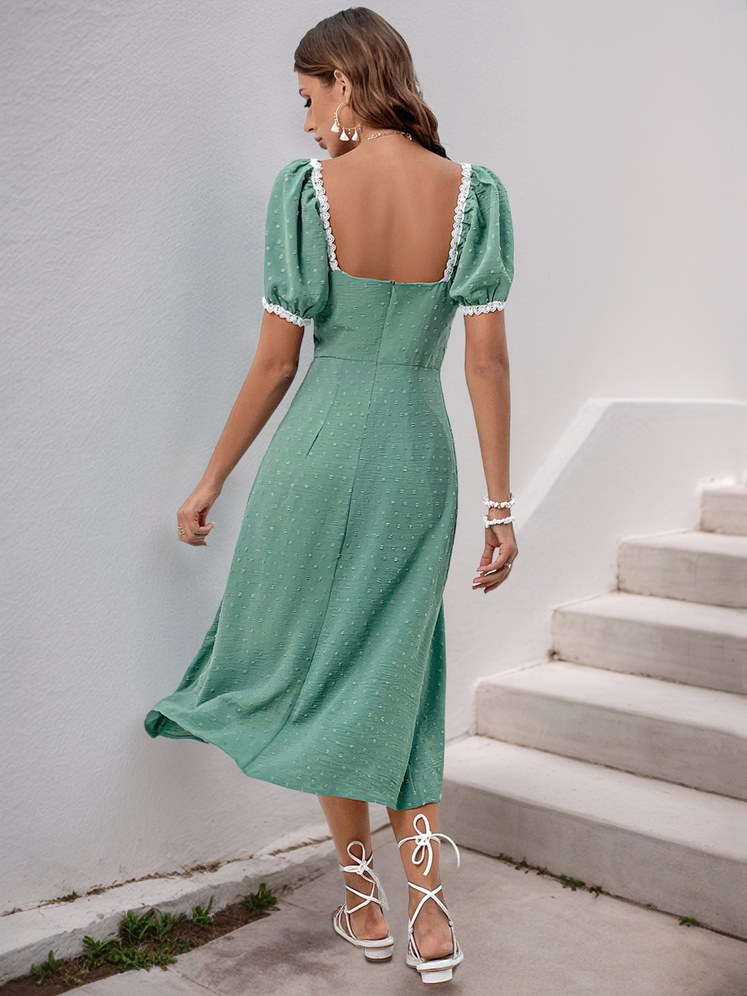 Sage Swiss Dot Lace Trim Midi Dress