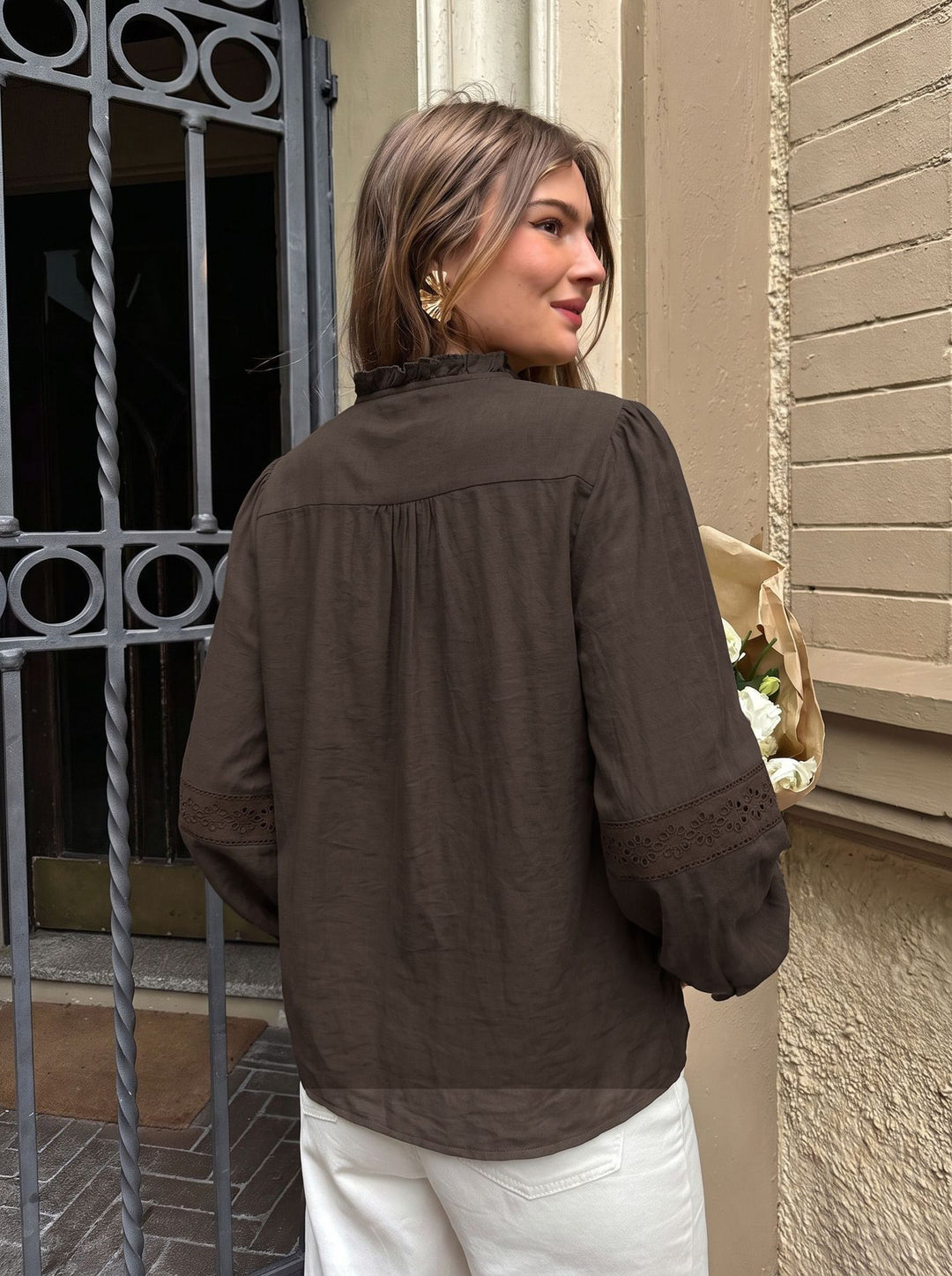 Eyelet Lace Trim Button Blouse