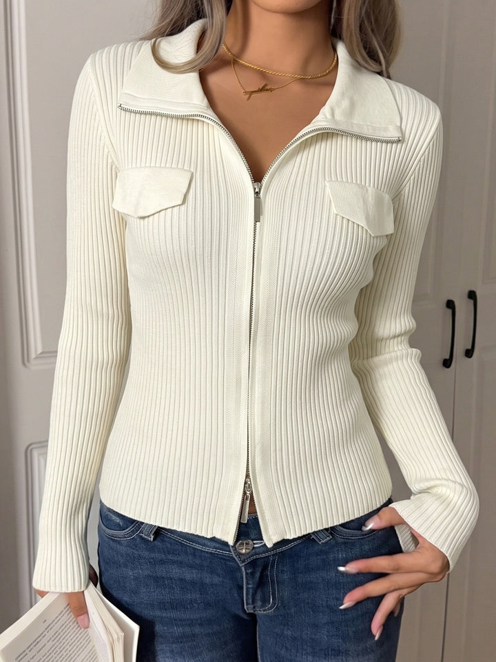Ribbed Zip-Up Knit Cardigan