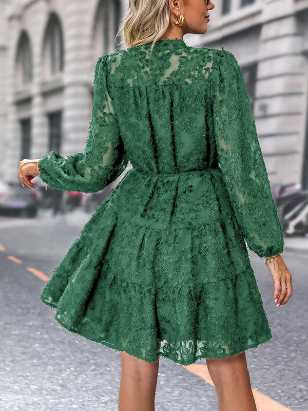 Lace Bubble Sleeve Tiered Dress