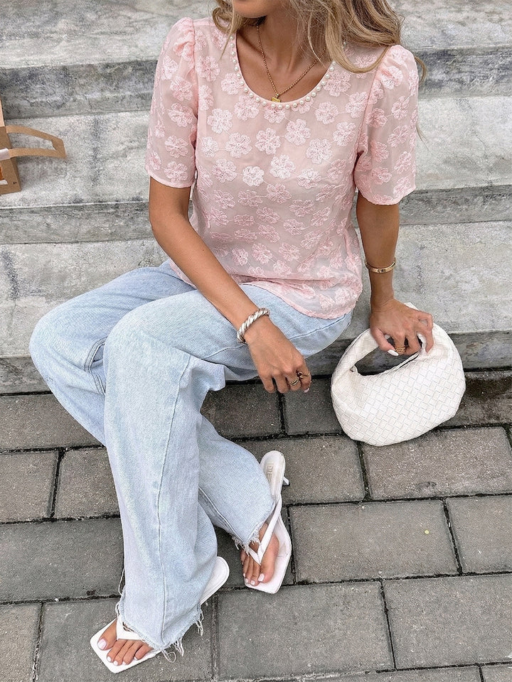 Pink Sheer Floral Lace Blouse