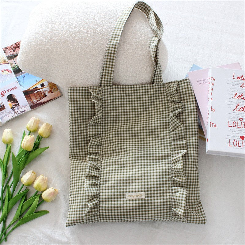 Ruffle Detail Gingham Print Tote Bag