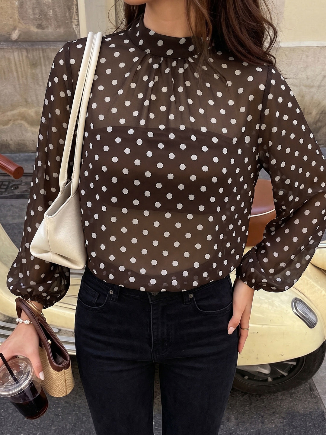 Sheer Polka Dot Bubble Hem Blouse