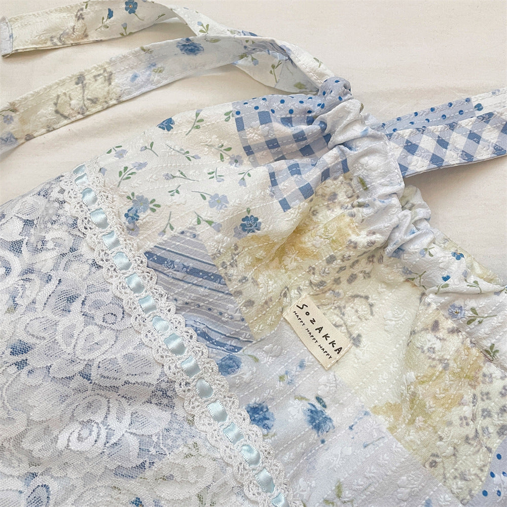 Coquette Lace Patchwork Print Drawstring Tote Bag