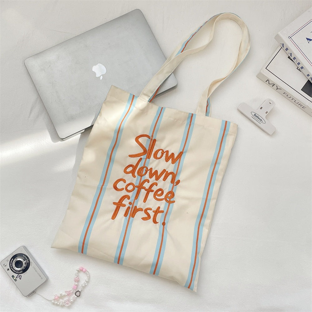 Slow Down, Coffee First Striped Tote Bag