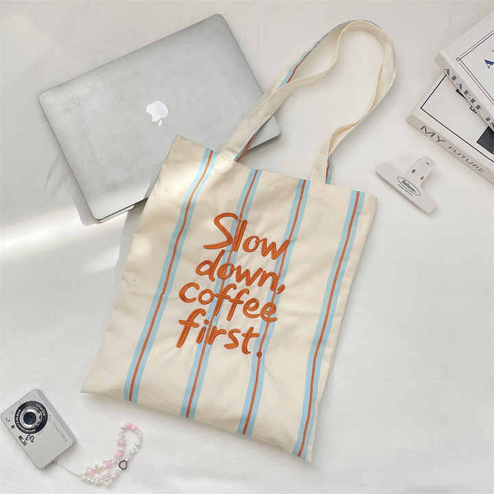 Slow Down, Coffee First Striped Tote Bag