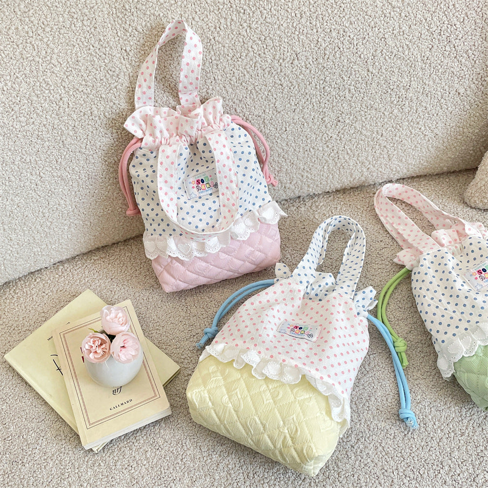 Quilted Polka Dot Drawstring Tote Bag