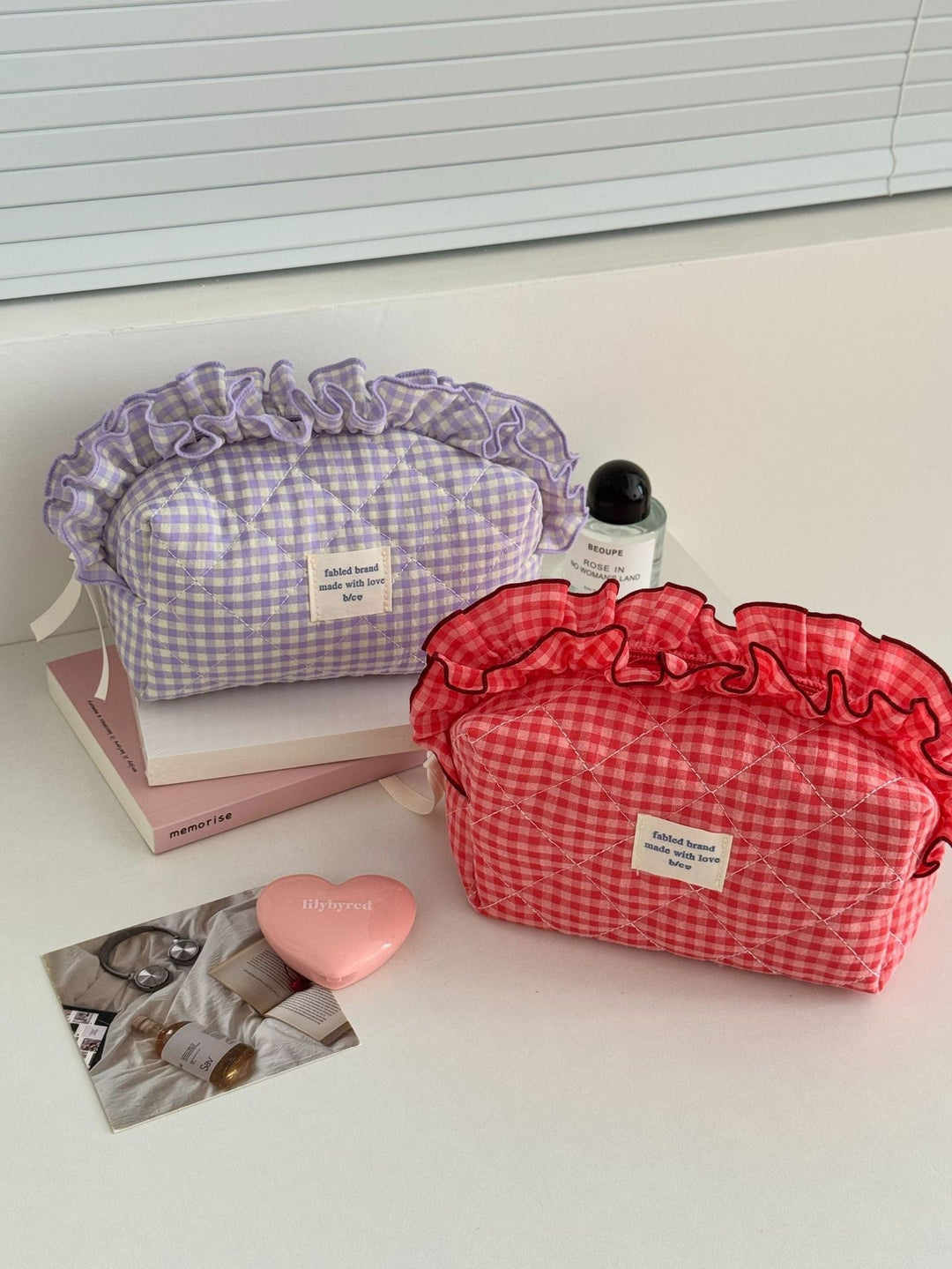 Gingham Ruffle Top Makeup Bag