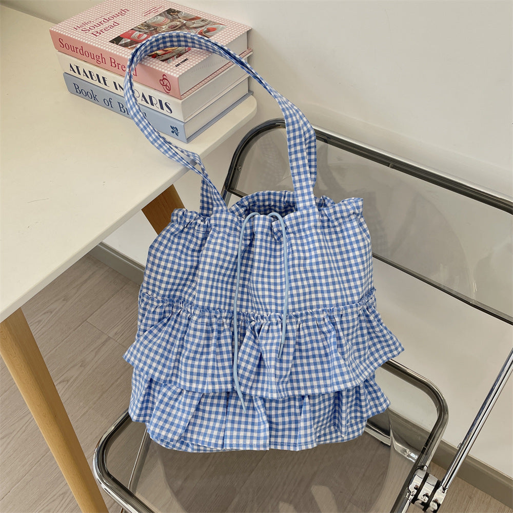 Gingham Ruffle Drawstring Shoulder Tote Bag