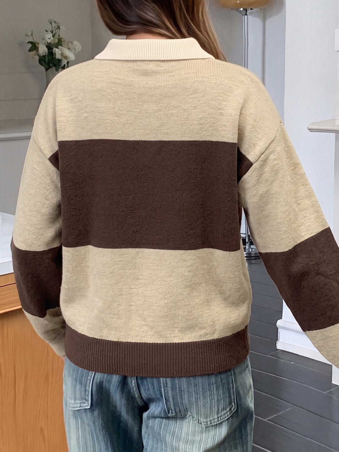 Mocha Stripe Collared Knit Sweater