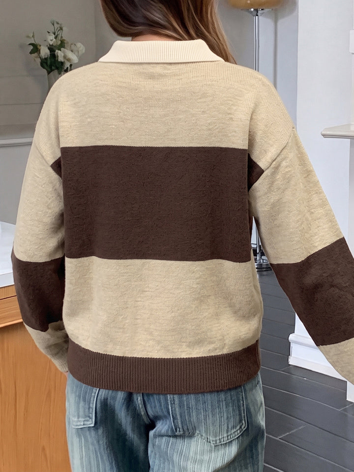 Mocha Stripe Collared Knit Sweater