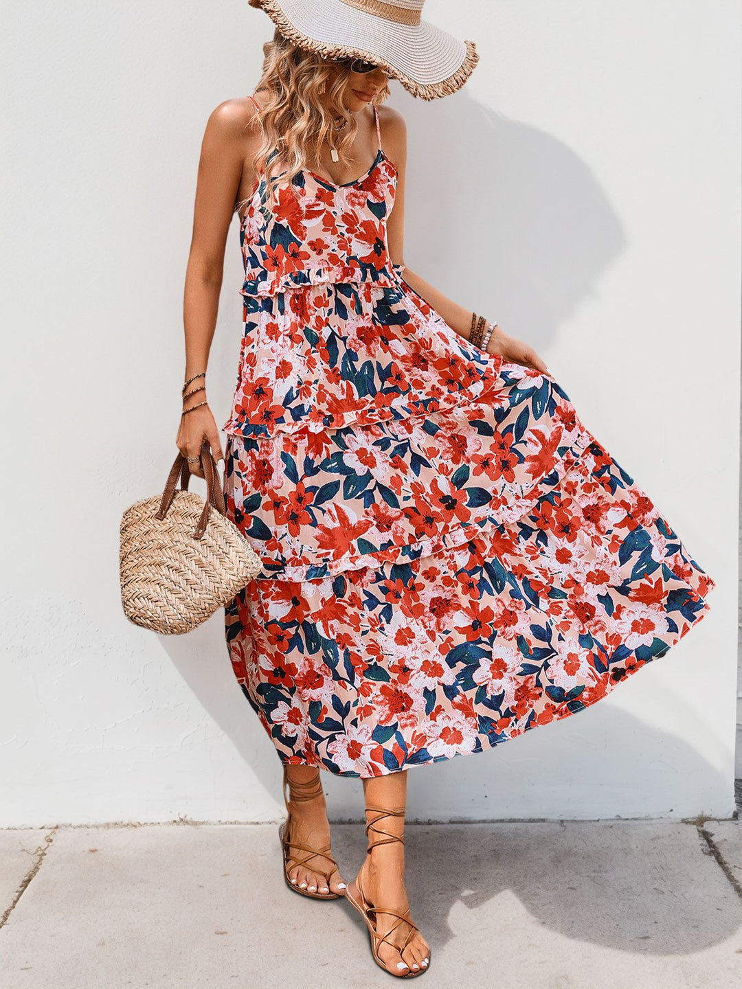 Sunset Floral Ruffle Midi Dress
