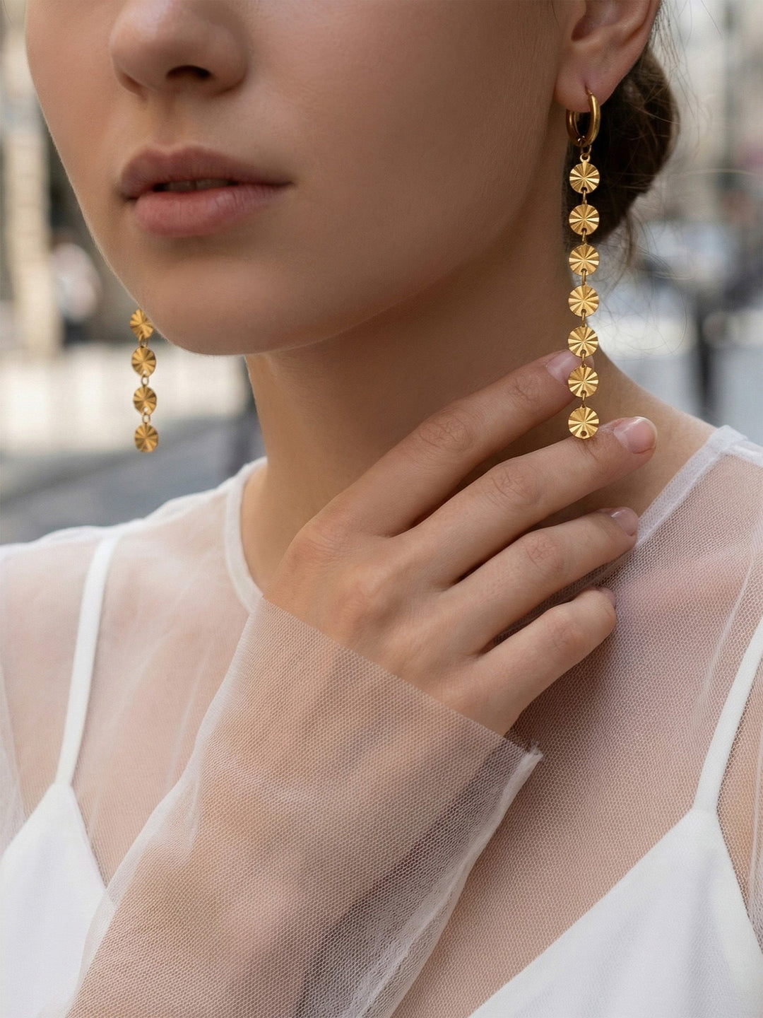 Gold Disc Drop Huggie Earrings