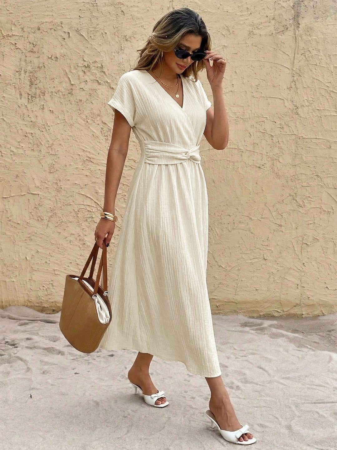 Coastal Cream Twist Waist Midi Dress Large