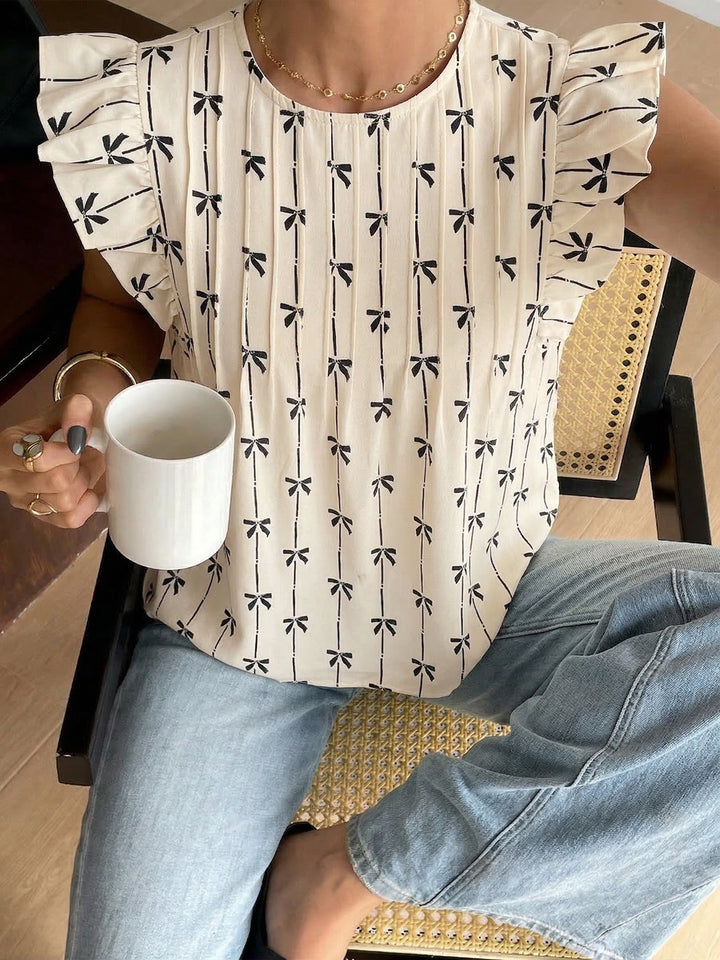 Bow Print Ruffle Sleeve Blouse