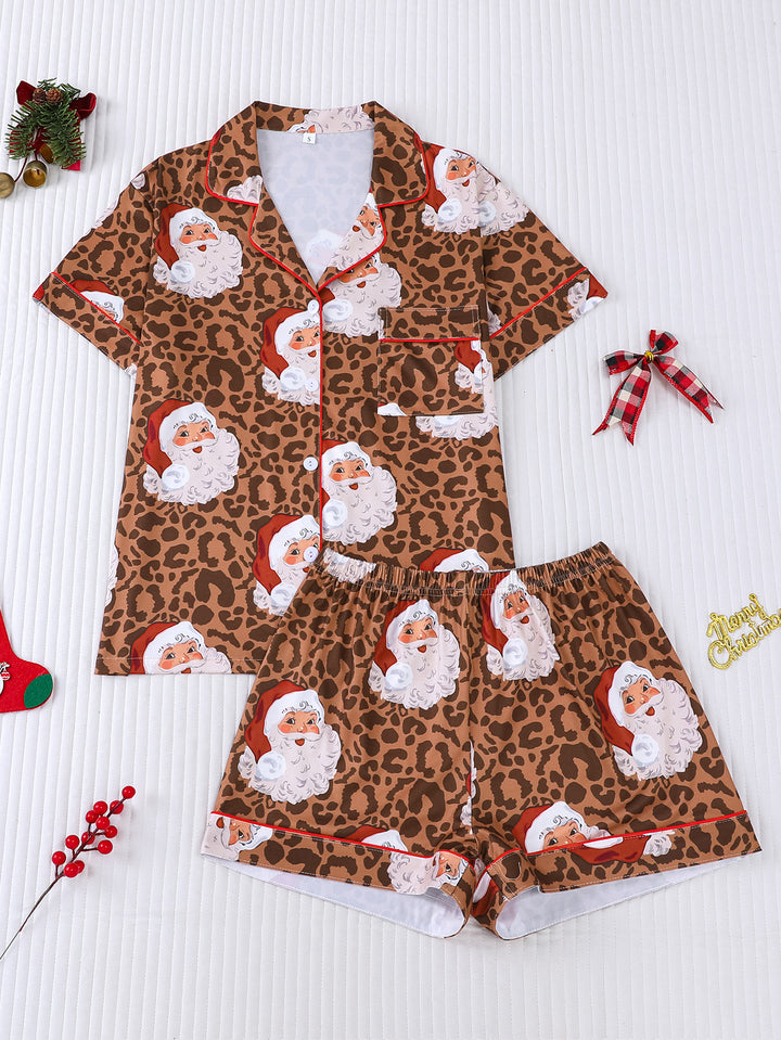 Leopard Santa Christmas Short Pajama Set