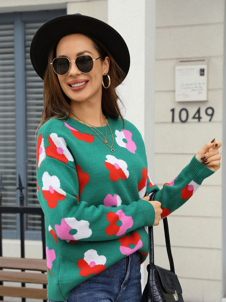 Multicolor Contrast Floral Sweater