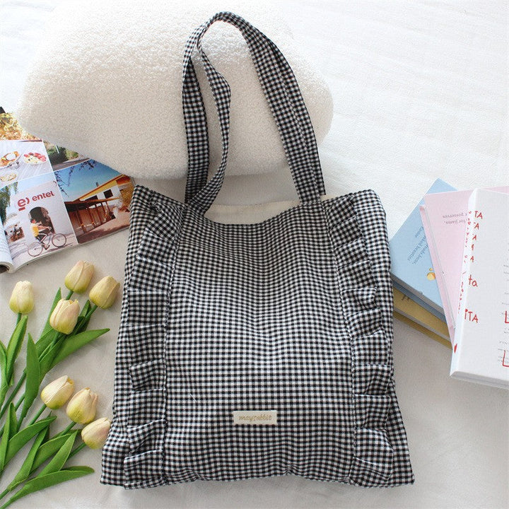 Ruffle Detail Gingham Print Tote Bag