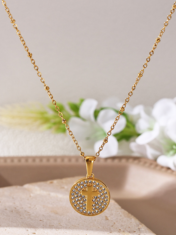Pavé Cross Circle Pendant Necklace