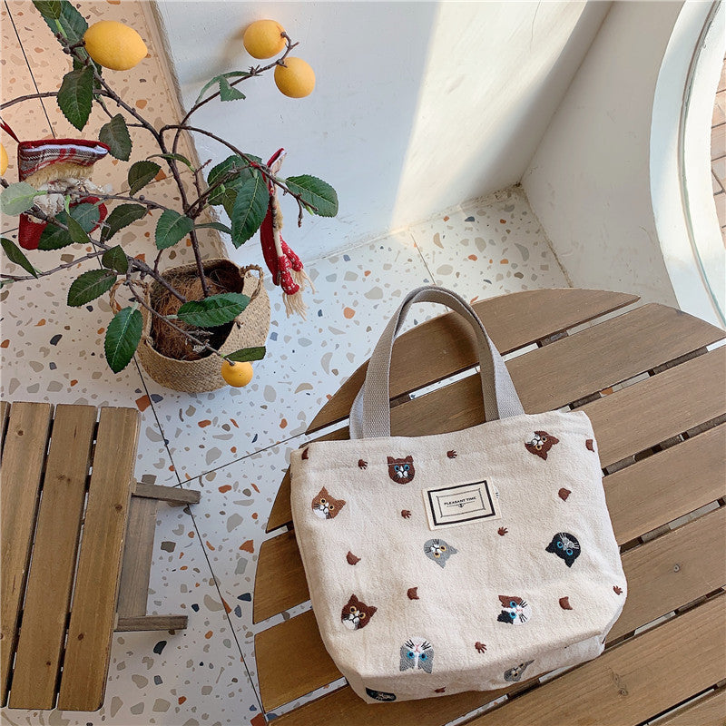 Embroidered Cat Pattern Tote Bag