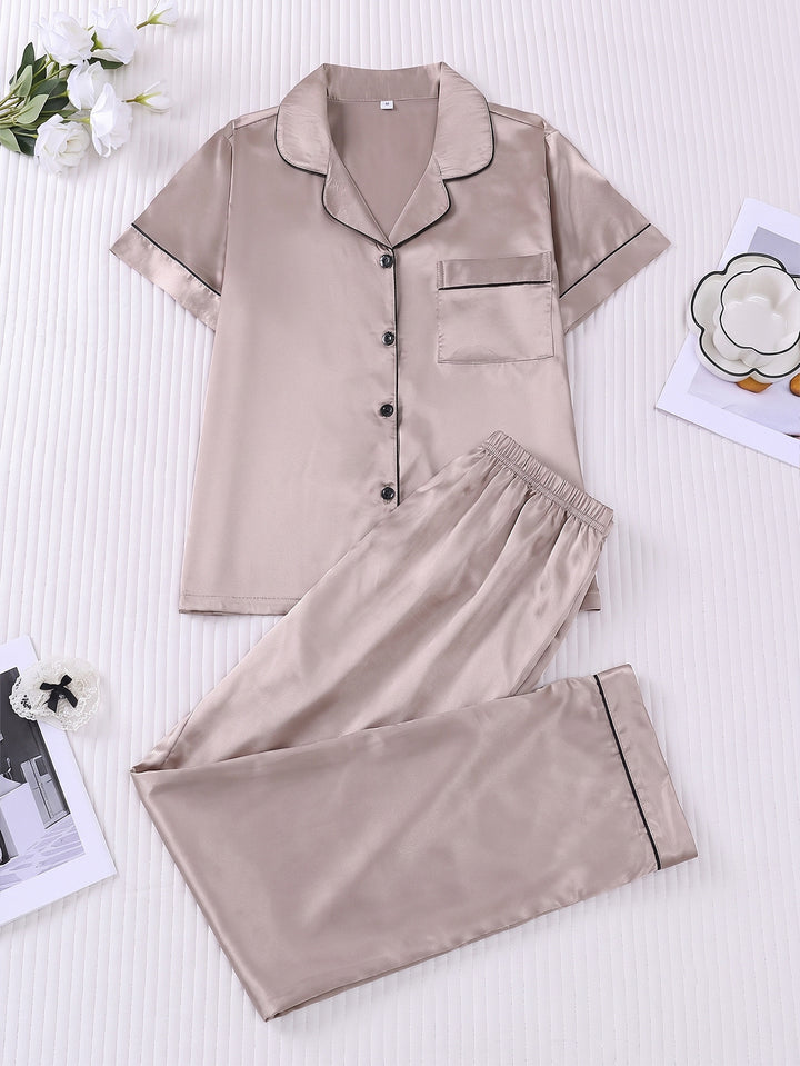 Smooth Fabric Contrast Piping Women's Pajama Set