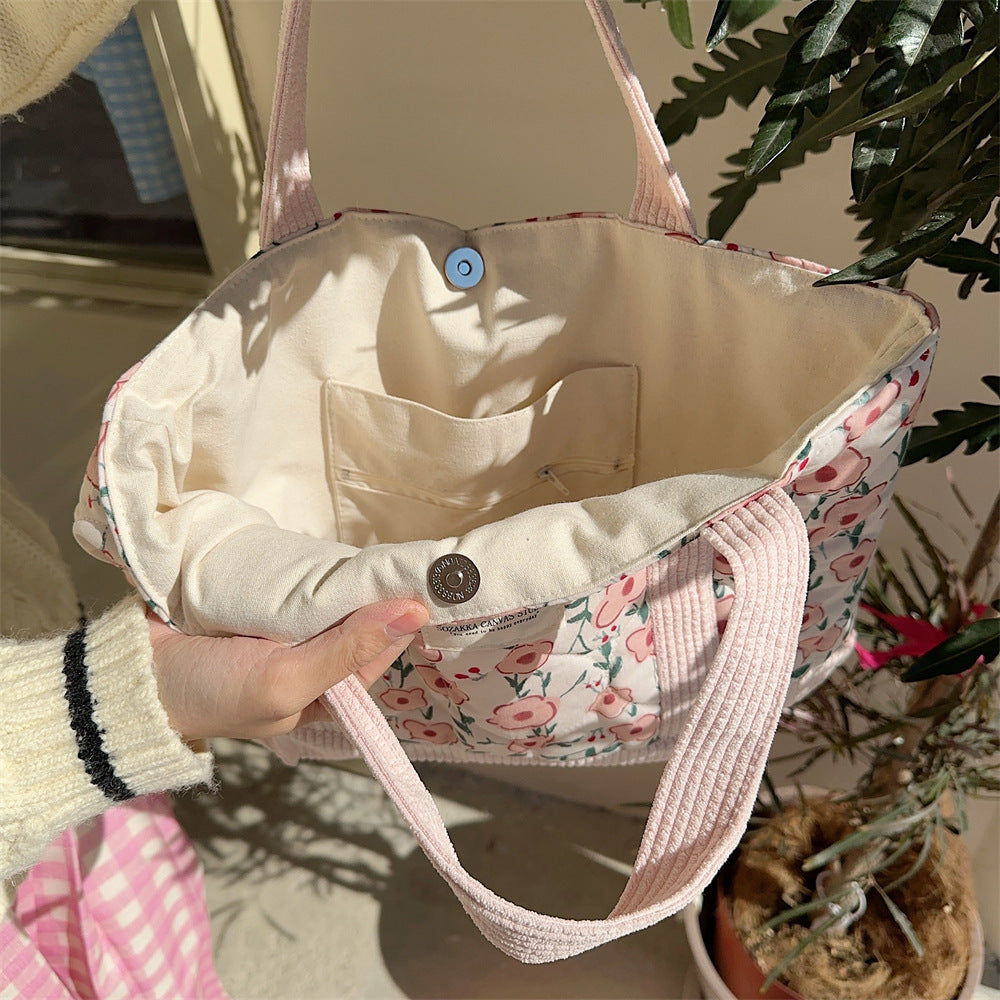 Pink Floral Corduroy Tote Bag