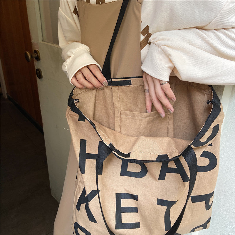 Oversized Letter Print Canvas Tote Bag