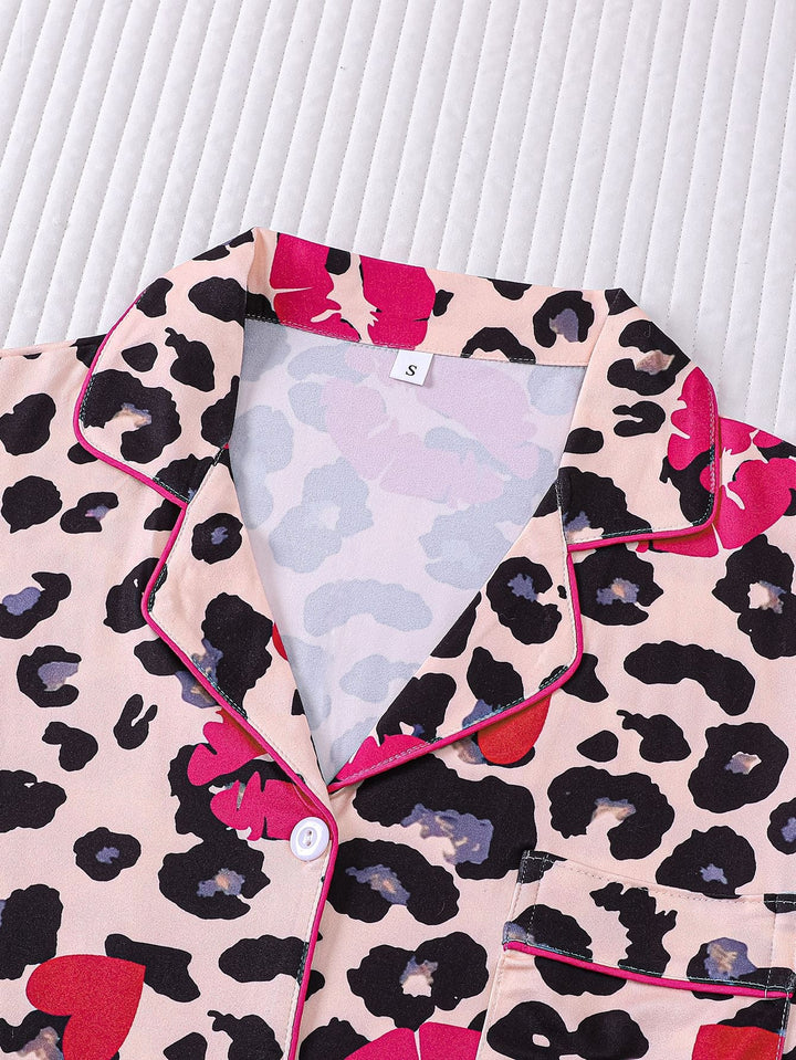 Leopard & Lips Print Women's Pajama Shorts Set