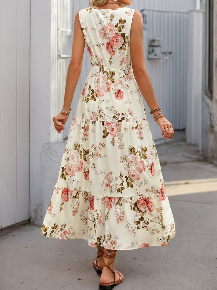 Vintage Floral Tie Waist Tiered Maxi Dress