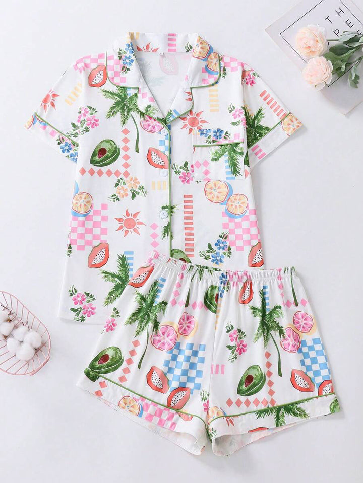 Tropical Fruit & Palm Print Pajama Set