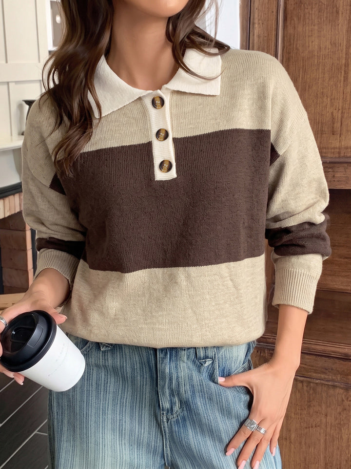 Mocha Stripe Collared Knit Sweater