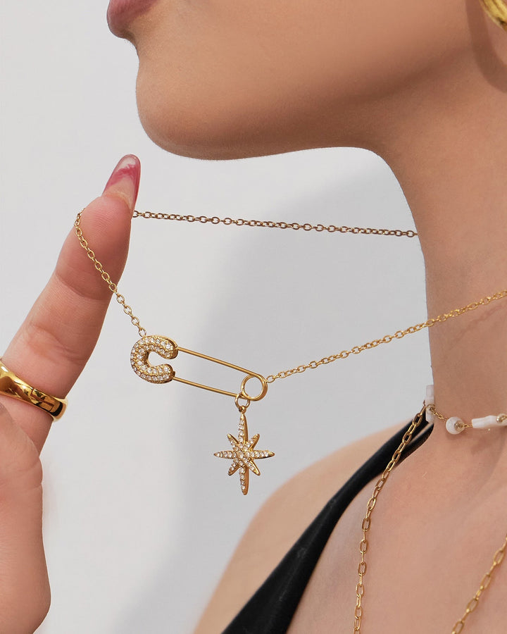 Safety Pin Starburst Pendant Necklace