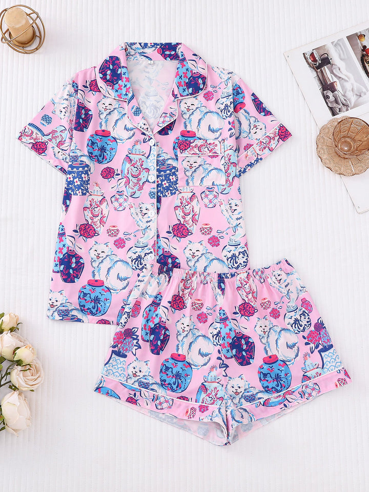 Pink Porcelain Cat Pajama Set