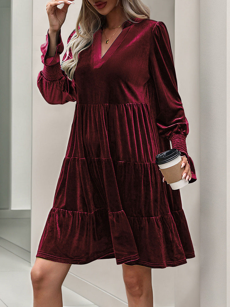 Smocked Sleeve Velvet Dress