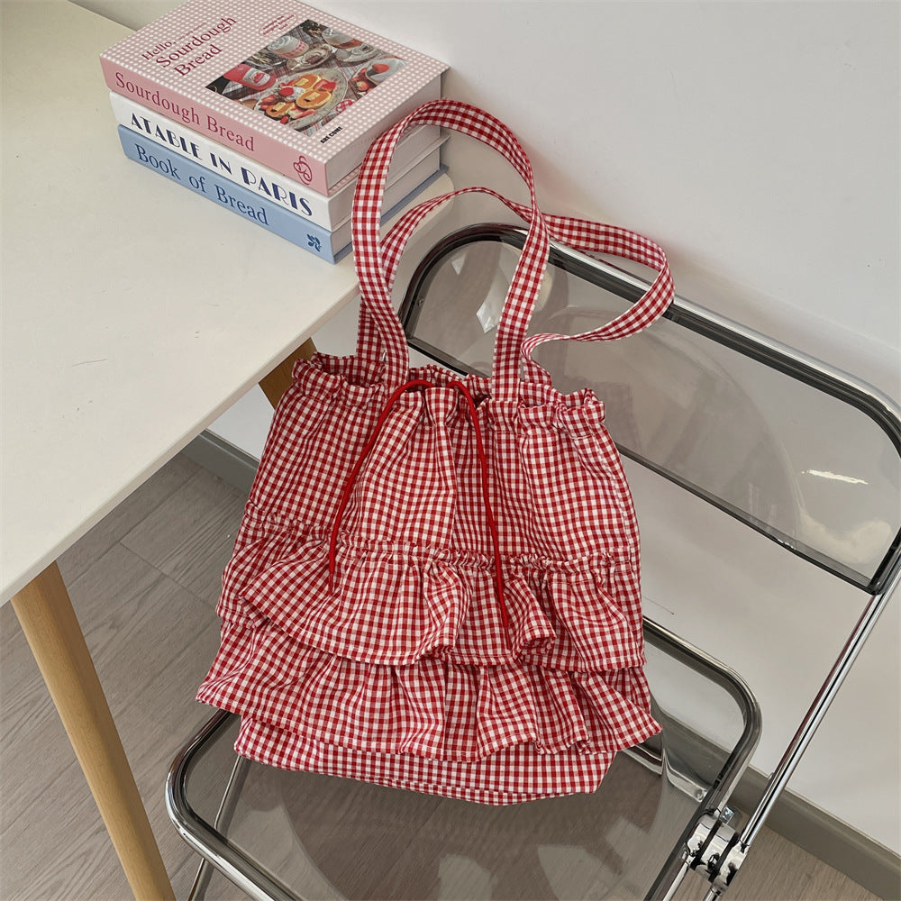Gingham Ruffle Drawstring Shoulder Tote Bag