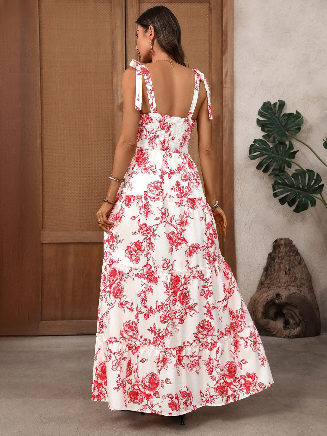 Red Floral Tie Shoulder Tiered Maxi Dress