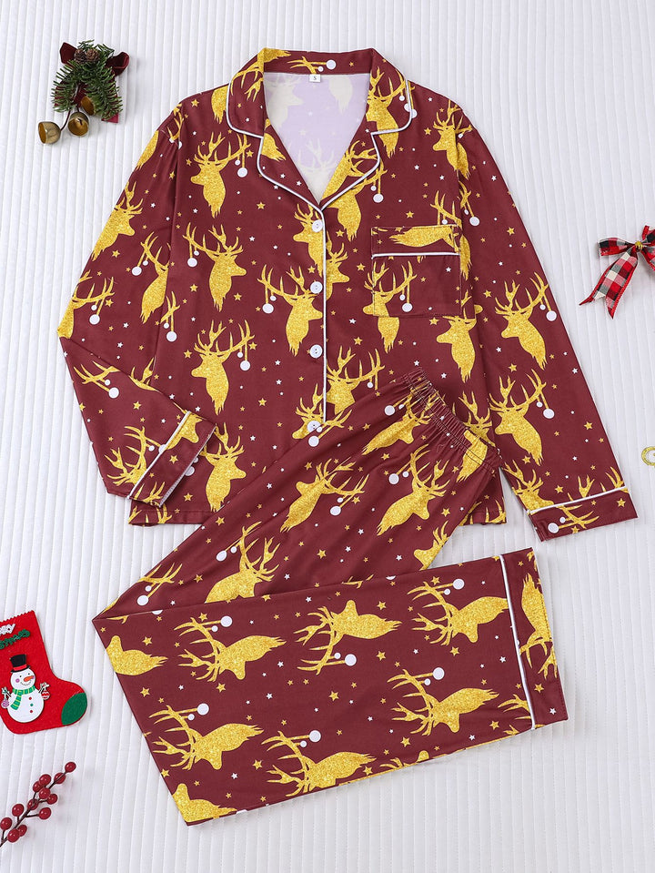 Golden Reindeer Long Sleeve Pajama Set
