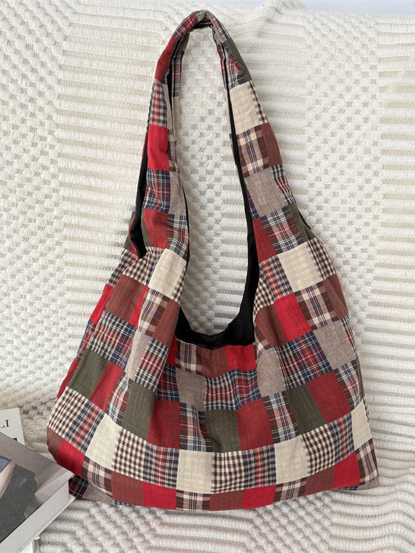 Patchwork Plaid Slouchy Tote Bag
