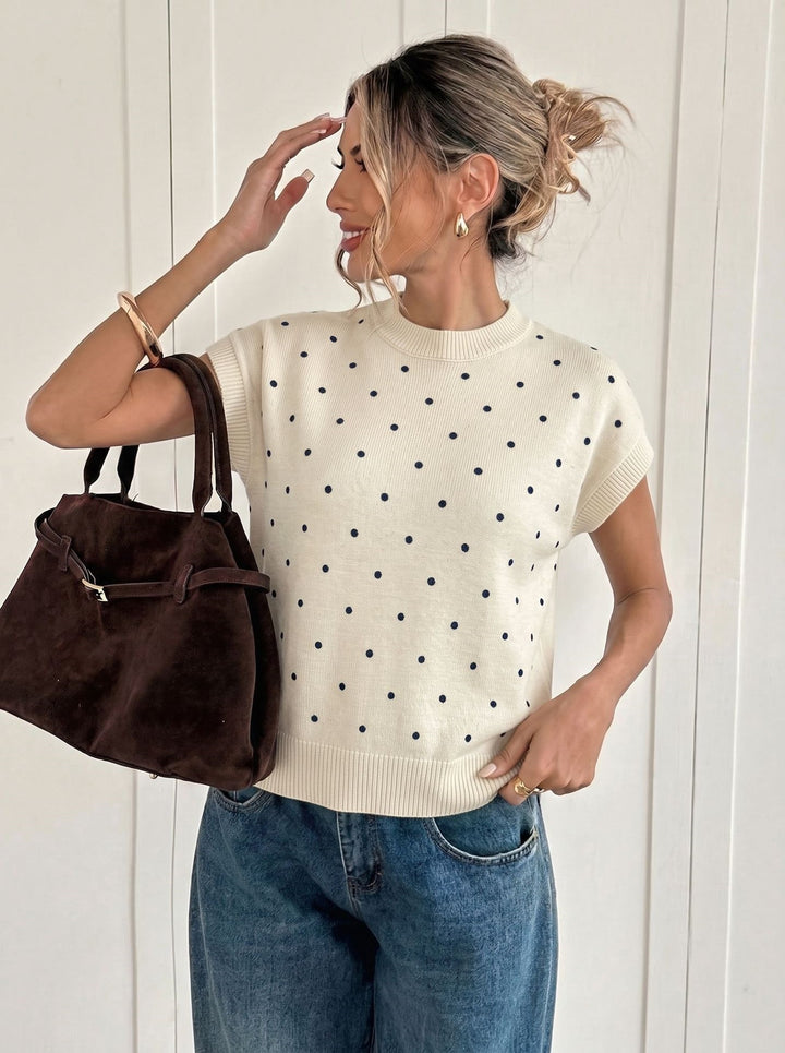 Polka Dot Short Sleeve Knit Sweater Top